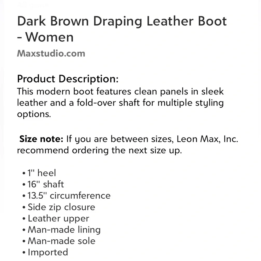 Maxstudio.com Dark Brown Draping Leather Boot Women’s Size 6.5 Fold Over Shaft